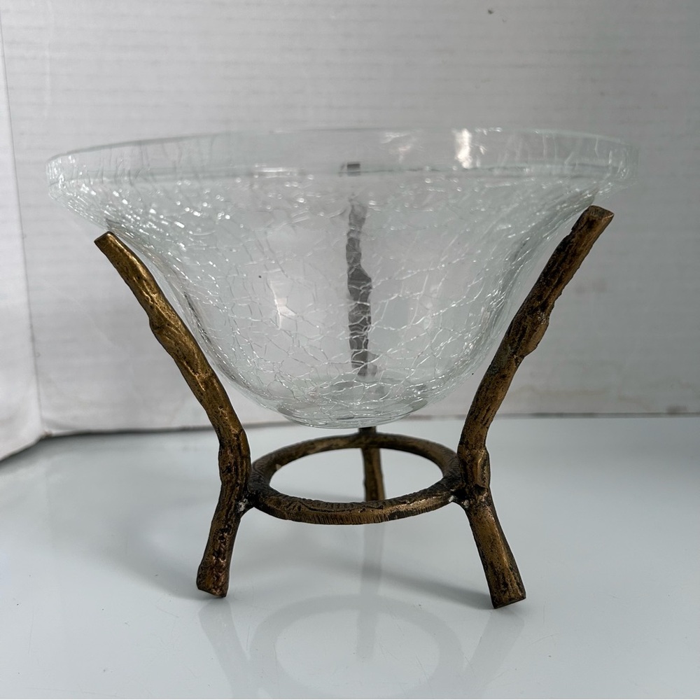 Crackle Glass Bowl with Brass Stand 5” tall